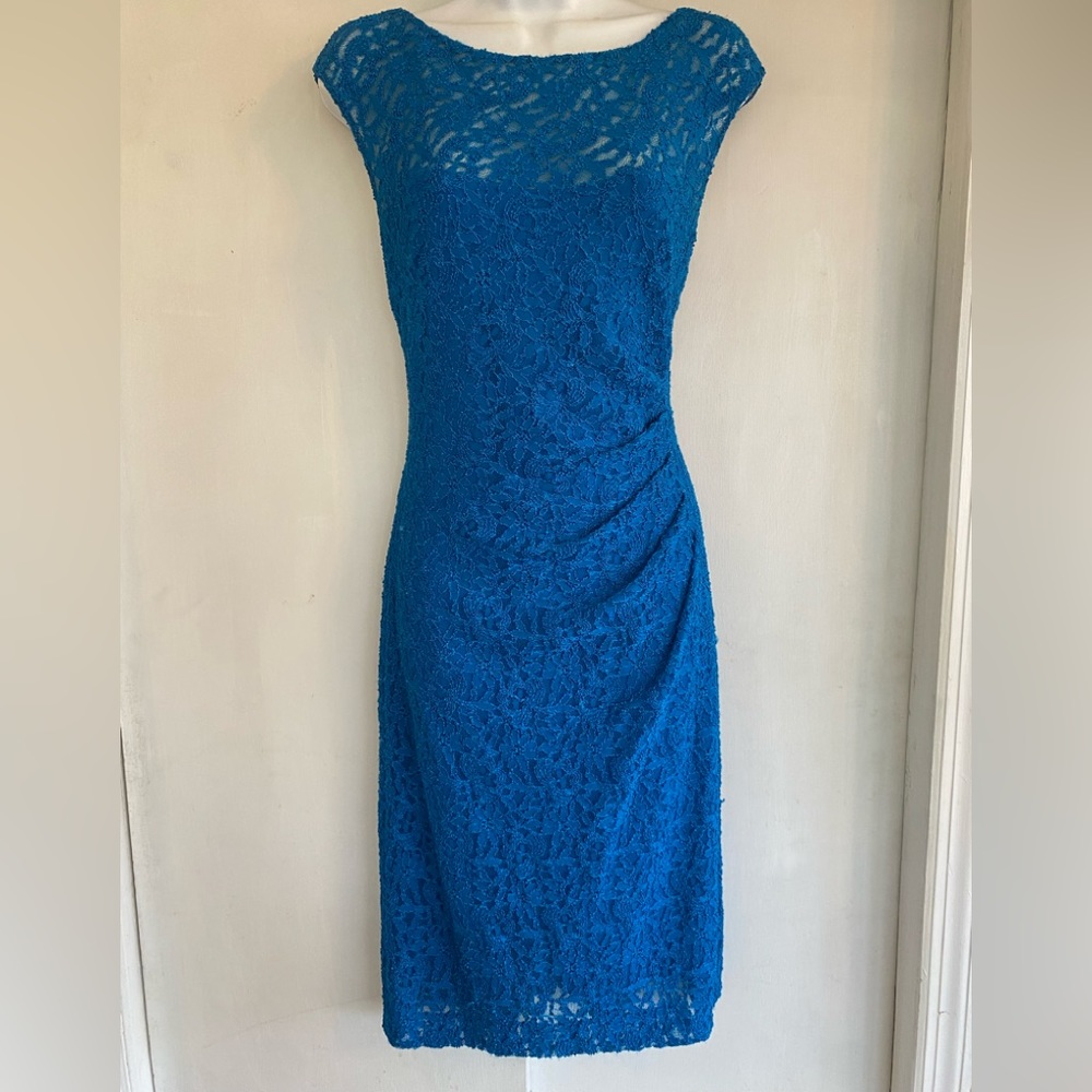 LAUREN Ralph Lauren 10 Blue Lace STUNNING Faux Wrap Dress